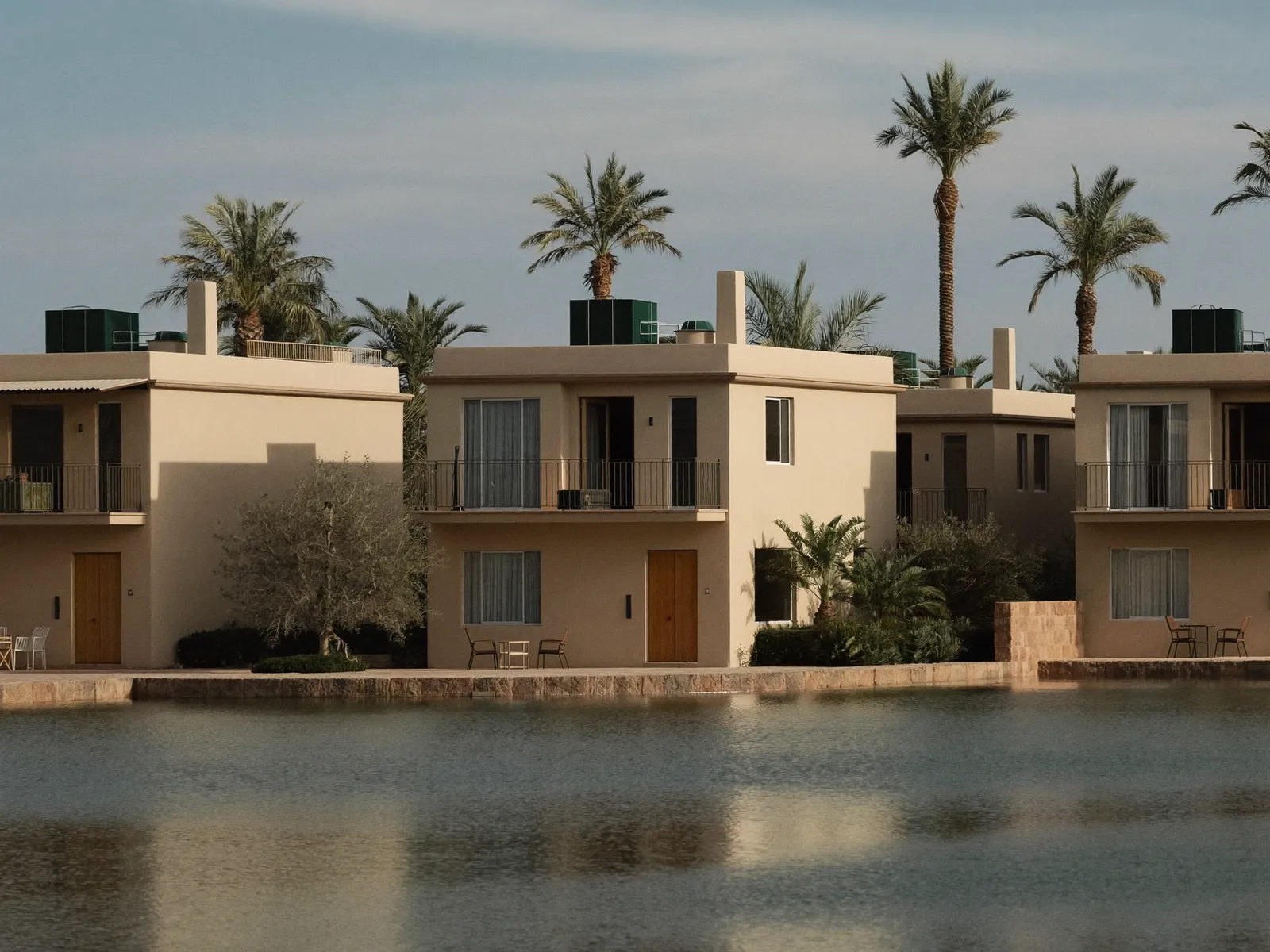 Beige townhouses in The Springs with small water tanks visible on the roofs beside a lake