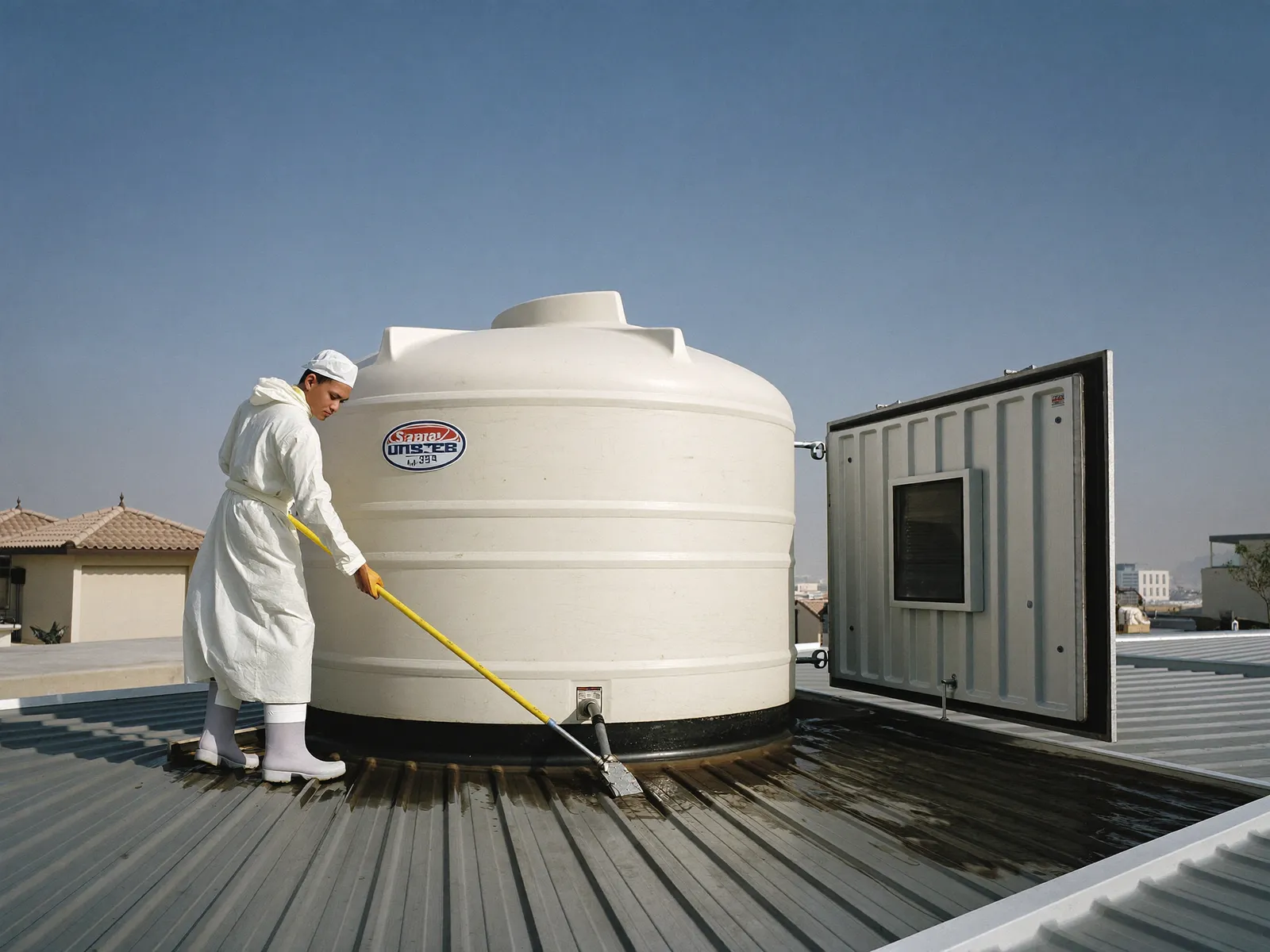 Technician in white coveralls cleaning the inside of a villa roof water tank in Dubai